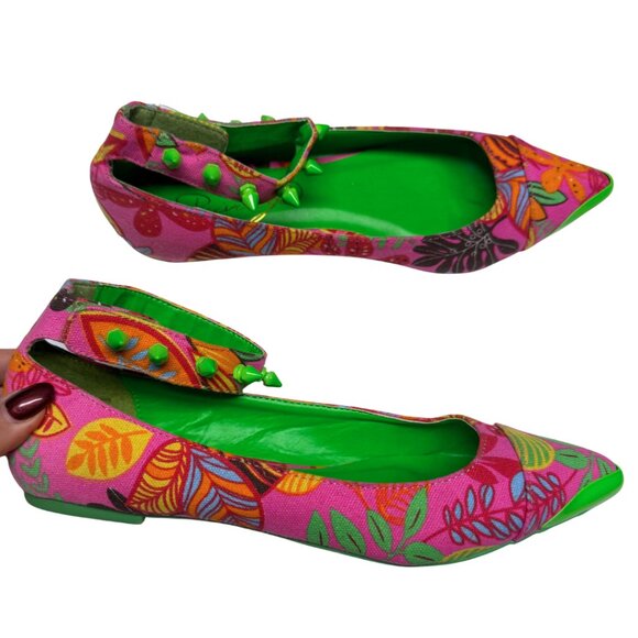Pointed Toe Floral Flats w/ Green Studded Ankle Straps Women’s 9 New - Picture 4 of 11